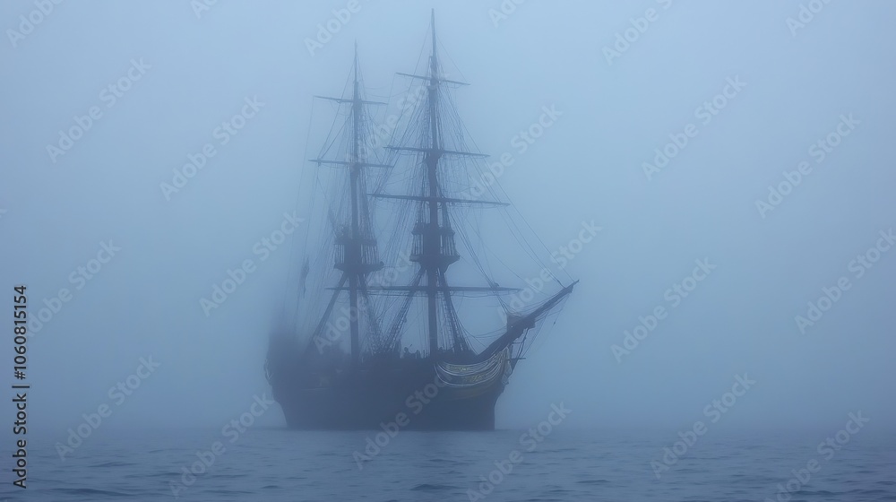 Ghostly Tall Ship Silhouetted in Misty Ocean Seascape Ghostly Tall Ship Silhouetted in Misty Ocean Seascape