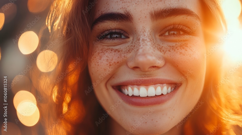 A young woman with freckles smiles brightly, bathed in warm sunlight. Her happiness is infectious and her white teeth gleam against the golden backdrop.