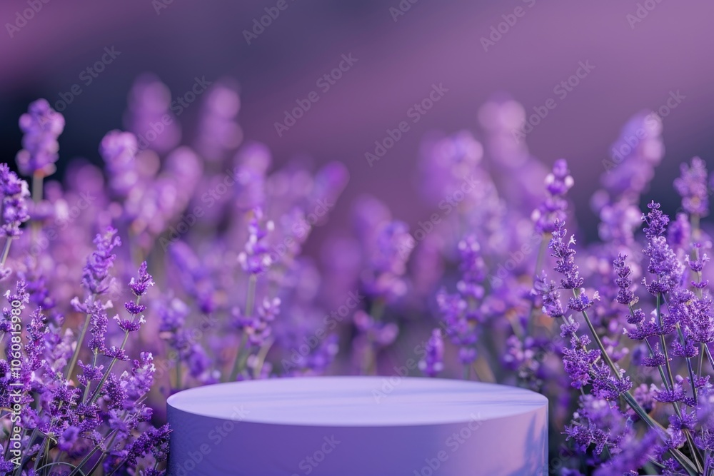 A white container sits atop a colorful field of purple flowers, perfect for use in garden or floral designs A white container sits atop a colorful field of purple flowers, perfect for use in garden or floral designs