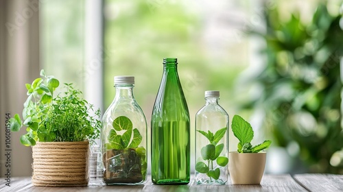 Eco-Friendly Glass Bottles with Green Plants