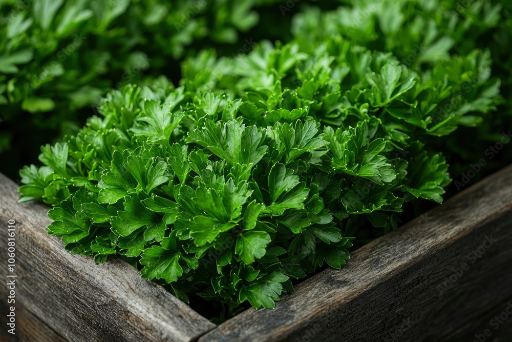 Green Parsley Leaves in a Wooden Planter