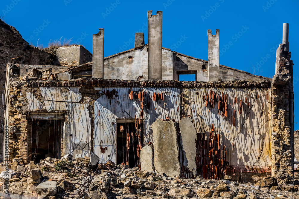 Abandoned ruins of the ghost town of Craco. A city abandoned due to an earthquake in the late 20th century. Province of Matera, Basilicata, Italy