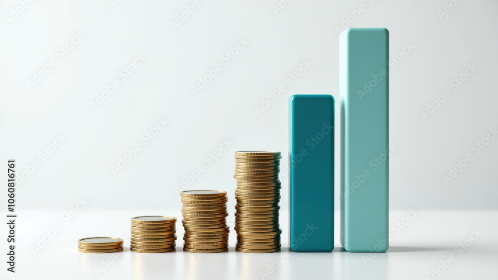 The image depicts a financial progress concept with stacked coins and blue bars. The image depicts a financial progress concept with stacked coins and blue bars.