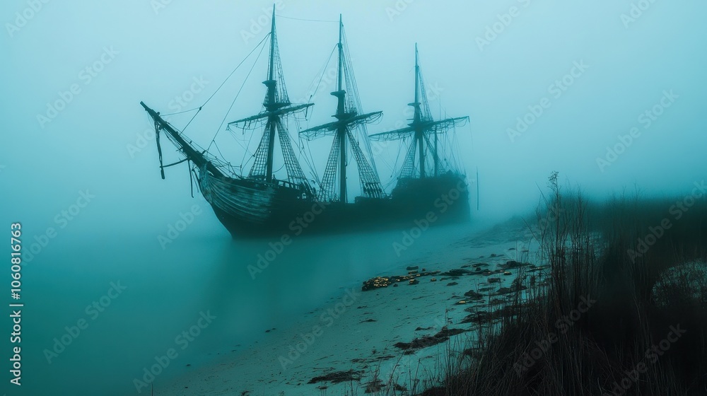 Majestic Tall Ship Sailing Through Ethereal Mist