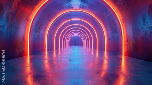 Futuristic Neon Tunnel with Red and Blue Lighting, Empty Hallway with Glowing Arches. Ideal Background for Gaming, Music, or Technology Concepts