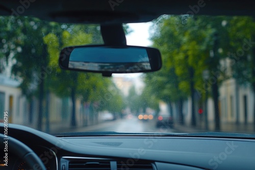 A car is driving on a city street with buildings and trees around