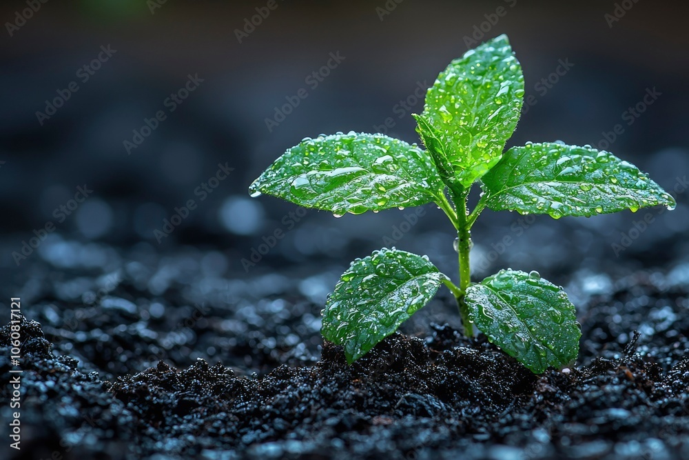 A Dew-Covered Sprout Emerging from Dark Soil A Dew-Covered Sprout Emerging from Dark Soil