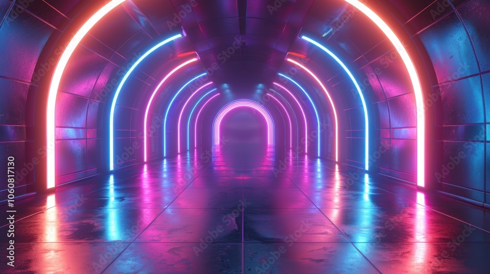 Futuristic Neon Tunnel with Glowing Arched Lights, Abstract Background with Reflection, 3D Rendering Futuristic Neon Tunnel with Glowing Arched Lights, Abstract Background with Reflection, 3D Rendering