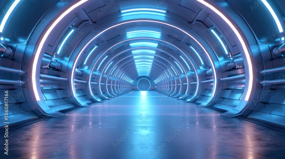 Fototapeta premium Futuristic metallic hallway with glowing blue neon lights. Concept for technology, science fiction, gaming, metaverse and virtual reality