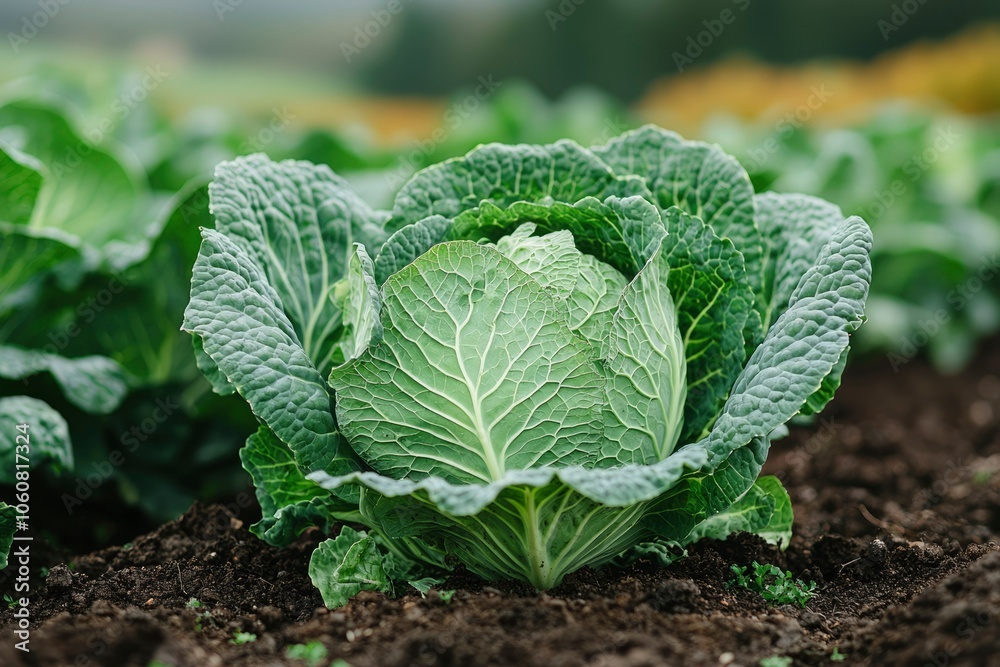 A Single Cabbage Head Growing in a Field of Green A Single Cabbage Head Growing in a Field of Green