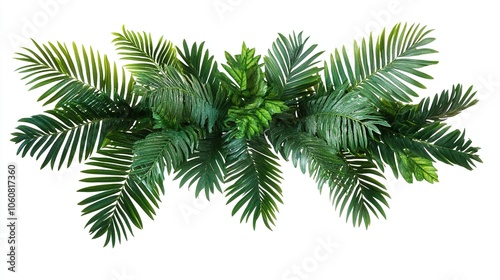 Palm tree branch  green leaves, cut out top view isolated on white a background