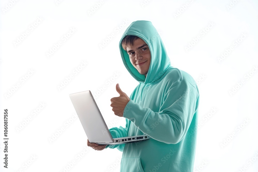 A person wearing a hoodie is sitting with a laptop, giving a thumbs up to the camera A person wearing a hoodie is sitting with a laptop, giving a thumbs up to the camera
