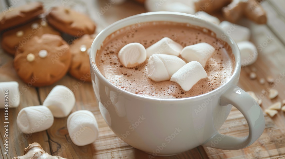 Cozy holiday scene with a mug of hot chocolate topped with marshmallows with Christmas ginger cookies on wooden background. Winter, festive, and holiday warmth themes, New Year food and drinks, meal. Cozy holiday scene with a mug of hot chocolate topped with marshmallows with Christmas ginger cookies on wooden background. Winter, festive, and holiday warmth themes, New Year food and drinks, meal.