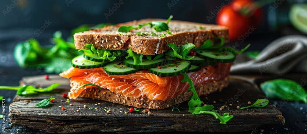 Delicious Smoked Salmon Sandwich with Cucumber and Greens on Whole Wheat Bread Delicious Smoked Salmon Sandwich with Cucumber and Greens on Whole Wheat Bread