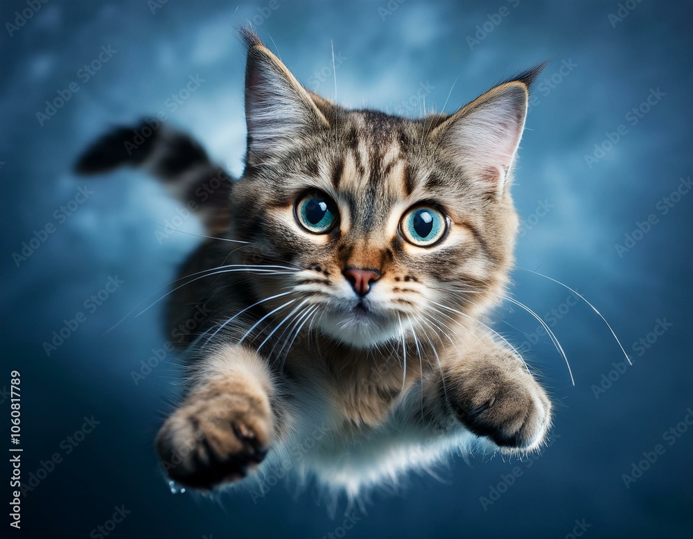 Obraz premium Cat with front paws in the air looking straight ahead with its gaze fixed