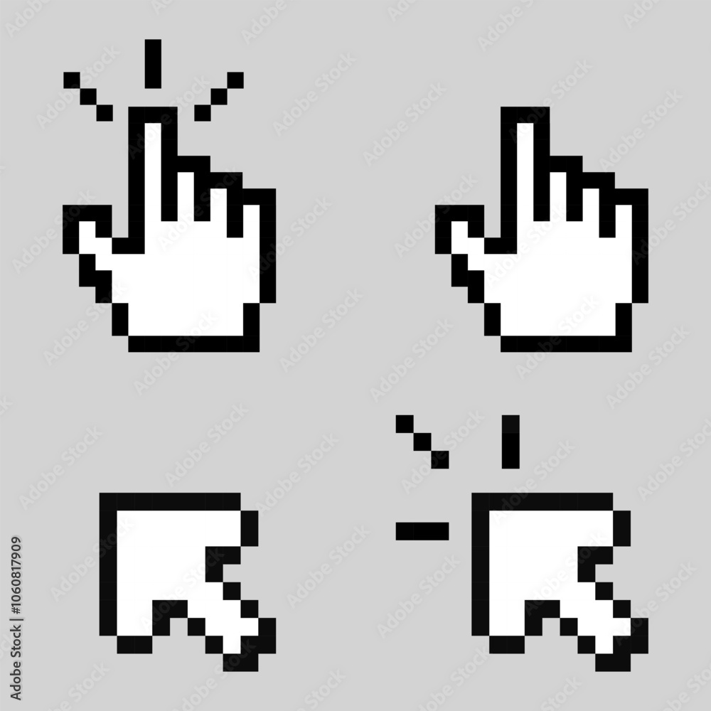 Fototapeta premium Pixel Art Cursor and Hand Icons Set, Retro 8 Bit Click Pointers.