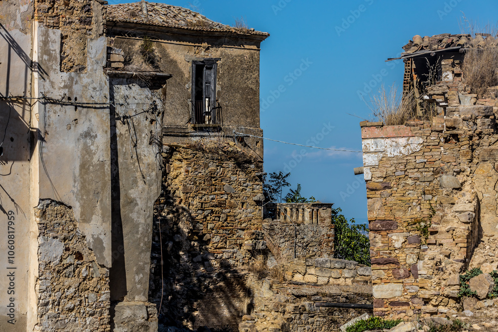 Abandoned ruins of the ghost town of Craco. A city abandoned due to an earthquake in the late 20th century. Province of Matera, Basilicata, Italy