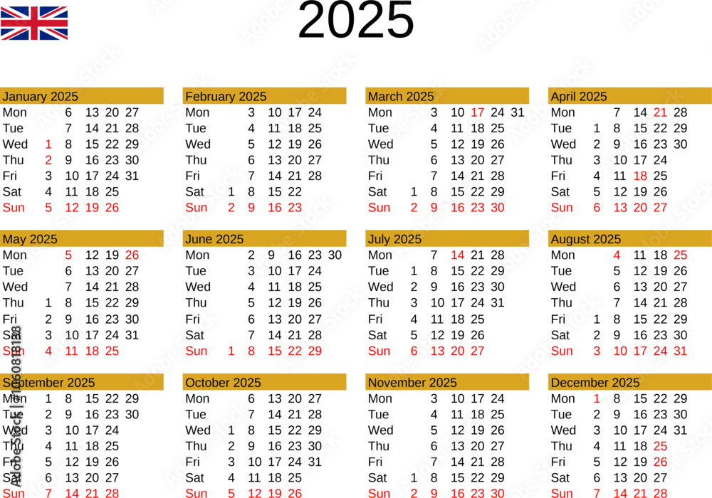 Φωτογραφία calendar of year 2025 in English language with United Kingdom public holidays