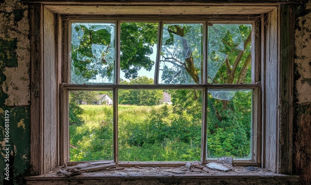 Broken window reveals green foliage and distant houses. Broken window reveals green foliage and distant houses.
