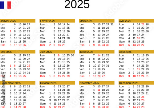 calendar of year 2025 in French language with France public holidays