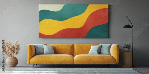 A vibrant yellow sofa beautifully complements the colorful abstract wall art in this stylish living room space