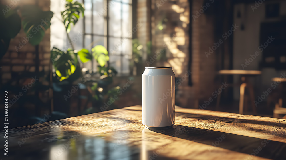 White Can on Sunlit Wooden Table in Industrial Cafe