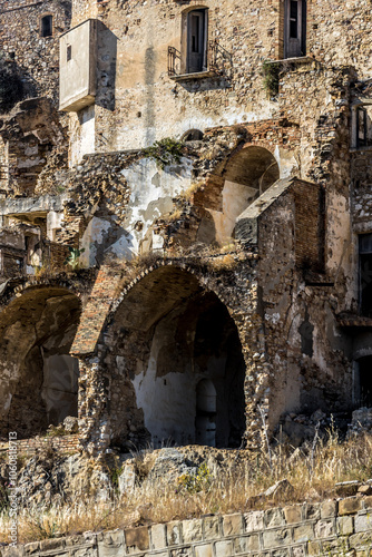 Abandoned ruins of the ghost town of Craco. A city abandoned due to an earthquake in the late 20th century. Province of Matera, Basilicata, Italy