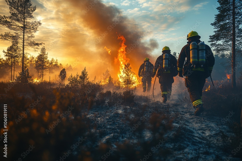 Fototapeta premium firefighters in the forest. a lot of smoke and fire