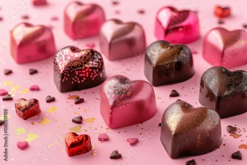 Heart shaped chocolates on a pink background, perfect for romantic occasions and celebrations like Valentine s Day, showcasing various shades of pink and brown for visual appeal photo