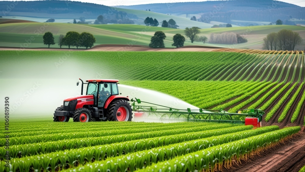 Obraz premium Vibrant red tractor in lush green field, expansive rural landscape, rolling hills, misty morning atmosphere, golden sunrise, precision farming, agricultural machinery, corn rows, fertile soil, idyllic