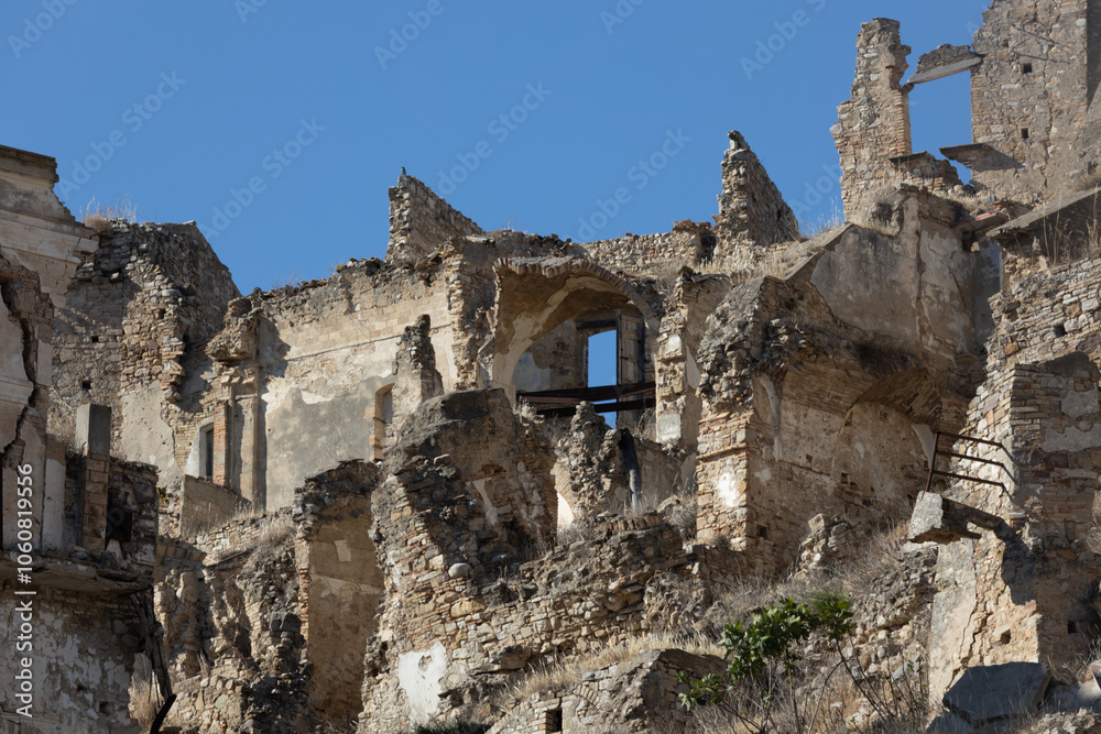 Abandoned ruins of the ghost town of Craco. A city abandoned due to an earthquake in the late 20th century. Province of Matera, Basilicata, Italy