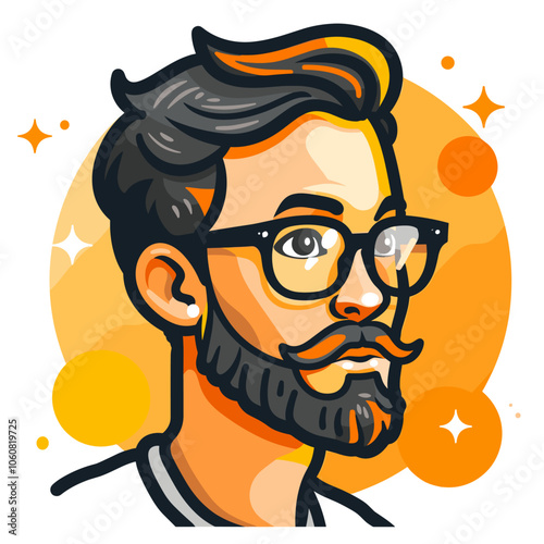 Man with glasses and a beard is the main subject of the image. The man is wearing a white shirt and glasses, and he has a mustache. The image is a cartoonish representation of a man