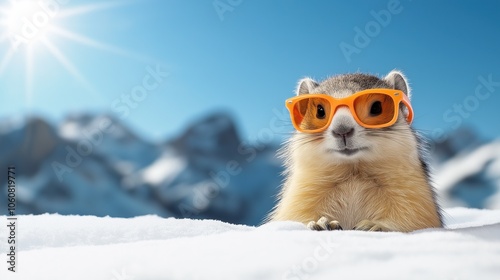 Groundhog wearing orange sunglasses emerging from snow on groundhog day with copy space for text  photo