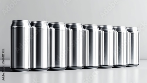 Aluminum beverage cans, row of metallic cylinders, shiny silver surfaces, industrial design, minimalist composition, clean lines, product photography, reflective materials, uniform arrangement, monoch