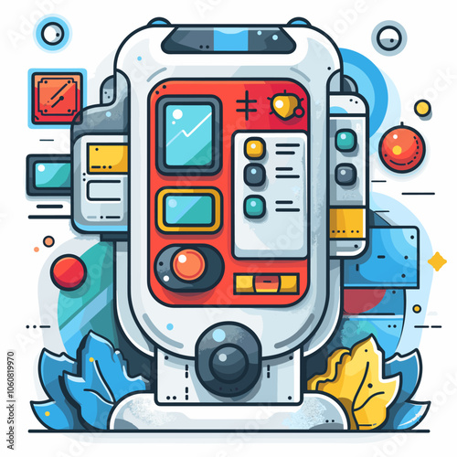 Robot with a red button on it. The robot is surrounded by a lot of different colored circles