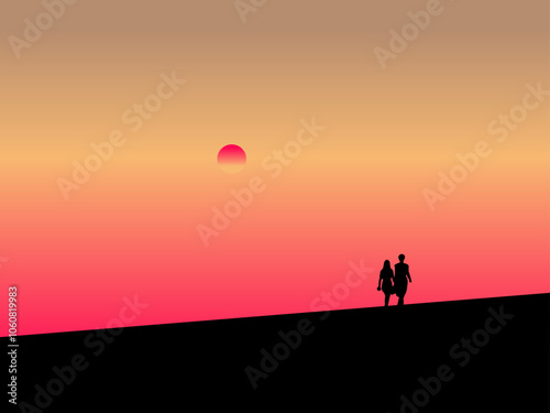 Happy couple walking at silhouette sunset time vector illustration