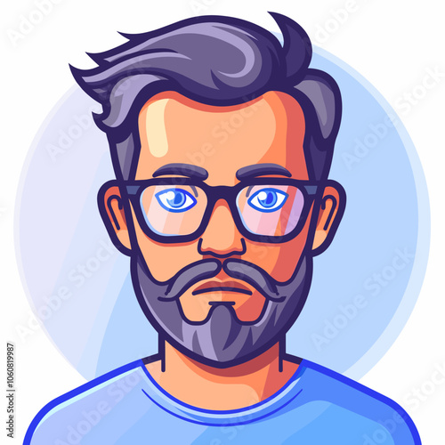 Man with glasses and a beard is wearing a blue shirt. He has a serious expression on his face