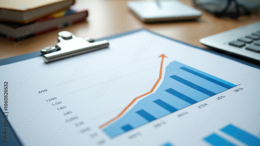 Office desk with a chart showing business growth on paper. Office desk with a chart showing business growth on paper.