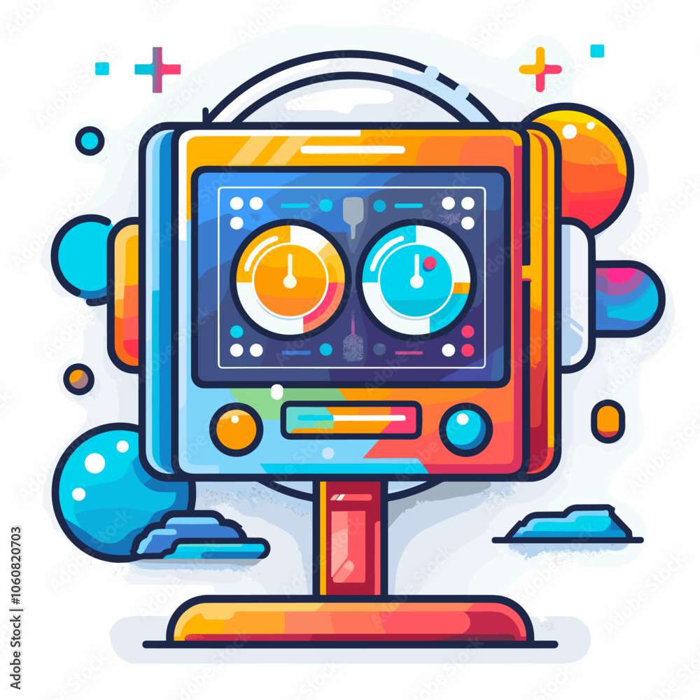 Fototapeta premium Colorful robot with a clock on its face. The robot is designed to look like a music player. future style