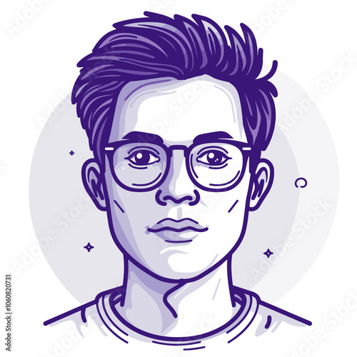 Man with glasses and a purple background. The man is wearing glasses and has a serious expression on his face. future style