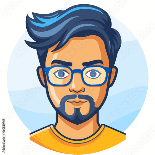 Man with a beard and glasses is wearing an orange shirt. He has a serious expression on his face. future style