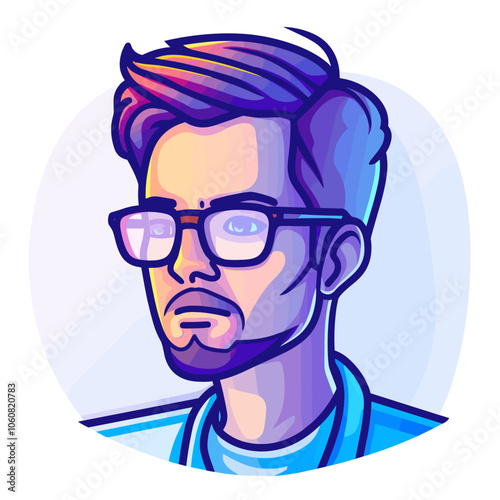 Man with glasses is the main focus of the image. He is wearing a blue shirt and a white shirt underneath. The image is a cartoonish representation of a man's face, with a blue background