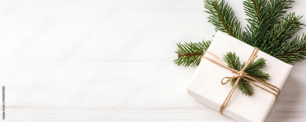 Simple Christmas gift box mockup on a white background with a small pine branch tied in twine Simple Christmas gift box mockup on a white background with a small pine branch tied in twine