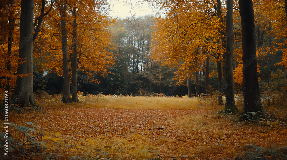 Fototapeta premium Autumn forest clearing with fallen leaves