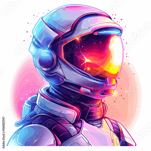 Colorful space suit with a helmet on a white background. The space suit is designed to look futuristic and is painted in bright colors. Scene is energetic and adventurous