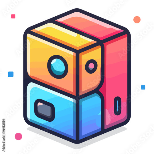 Colorful box with a camera inside. The box is made of cubes and has a blue, yellow, and red color scheme
