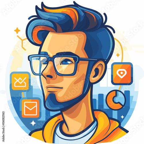 Man with glasses and a beard is wearing an orange hoodie. He is looking at the camera with a serious expression. The image is a cartoon of a man with a city background