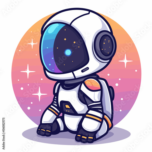 Cartoon astronaut is sitting in a space suit with a blue helmet. The background is a colorful, starry sky