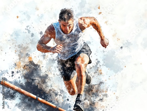 Free runner sprinting across narrow beams, adrenalinefilled moment, watercolor style photo