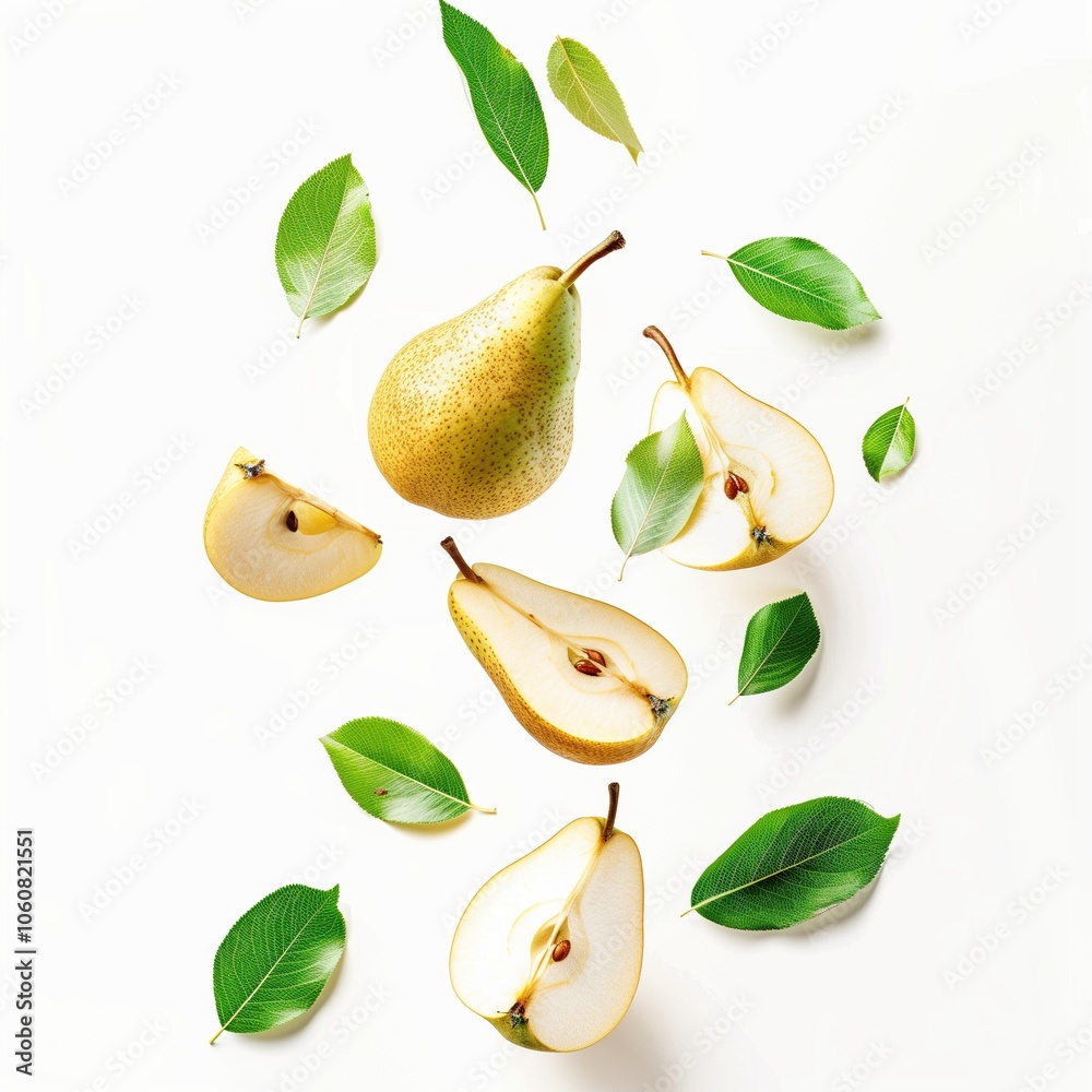 Pear with half slices falling or floating in the air with green leaves isolated on a white background, Fresh organic fruit with high vitamins and minerals Pear with half slices falling or floating in the air with green leaves isolated on a white background, Fresh organic fruit with high vitamins and minerals